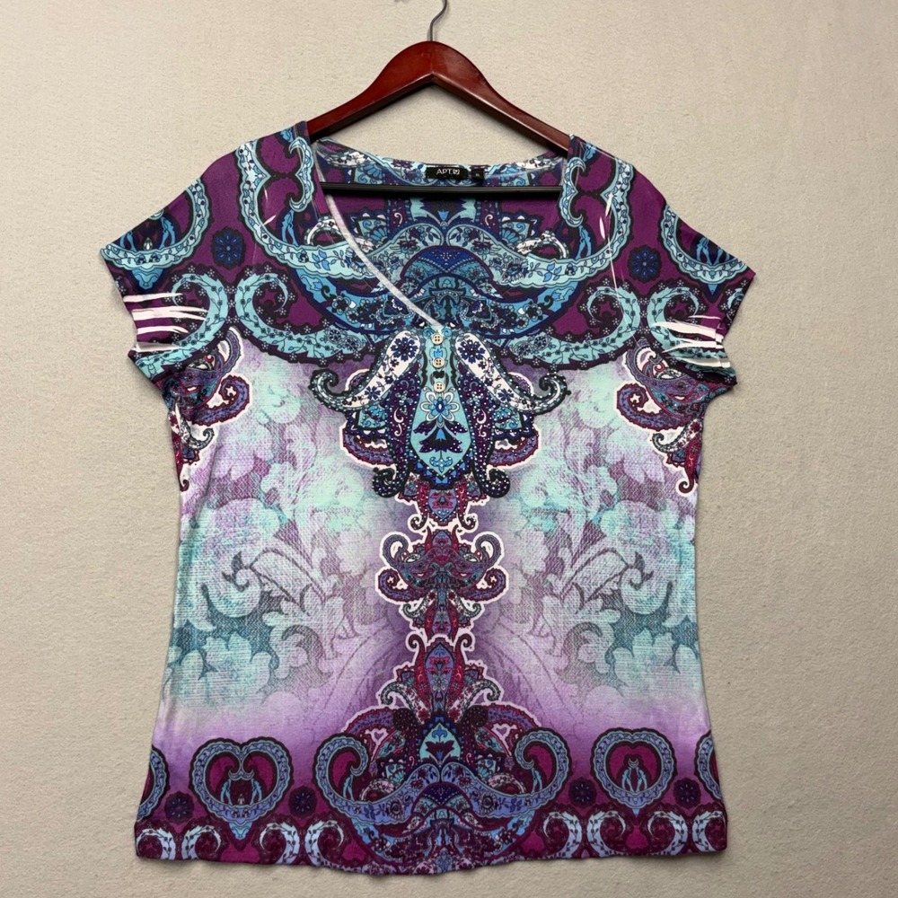 Apt. 9 Top Womens XL Purple Paisley Henley Rhinestone Embellished Y2K Tee